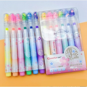 KIT 6 MARCA TEXTO PONTA FLOR TAMPA DECORADO COM GLITTER