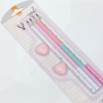 KIT 4 LAPIS HB COM 2 BORRACHA PONTEIRA CORAÇÃO