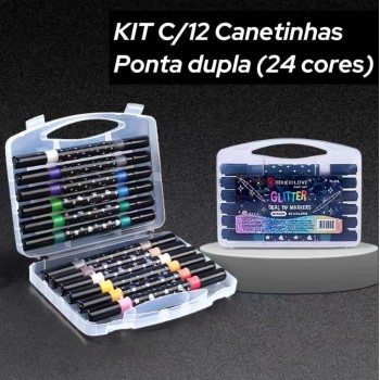 KIT 12 MARCADOR METÁLICA 24 CORES CANETINHA GLITTER PONTA DUPLA