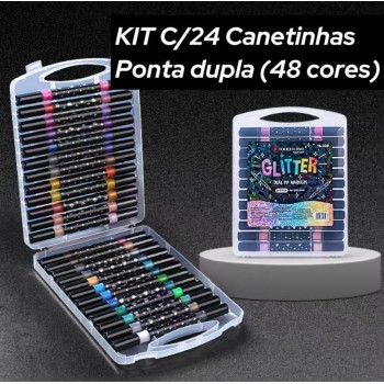 KIT 24 MARCADOR METÁLICA 48 CORES CANETINHA GLITTER PONTA DUPLA