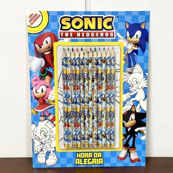 LIVRO MOMENTO DE DIVERTIR KIT COM 12 LÁPIS DE COR TEMA SONIC
