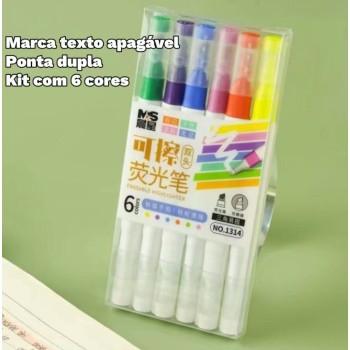 MARCA TEXTO APAGÁVEL PONTA DUPLA 6 CORES VIBRANTES ILUMINADOR MÁGICO