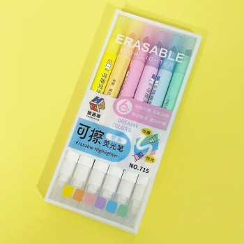 MARCA TEXTO APAGÁVEL KIT 6 CORES PONTA DUPLA ILUMINADOR MÁGICO