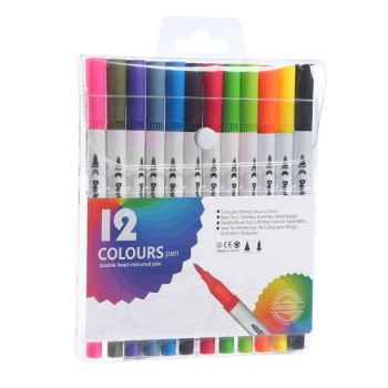 Canetinha Ponta Dupla 12 Cores Ponta Brush Base Água Corpo Branco